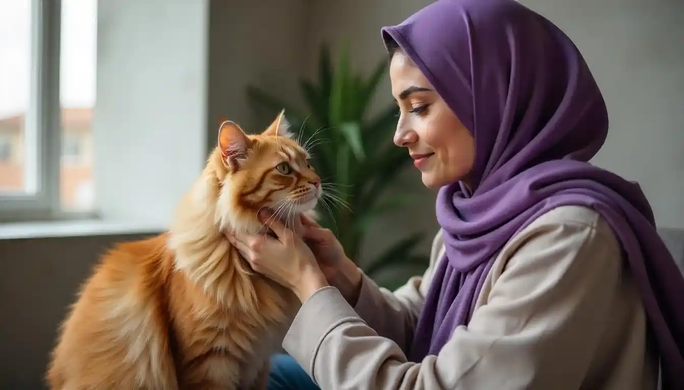 Vet checking a happy cat’s eyes during a routine health exam.