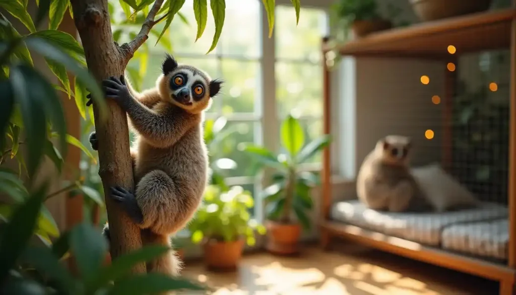 Wild jungle blending into a living room with exotic animal in a cage.